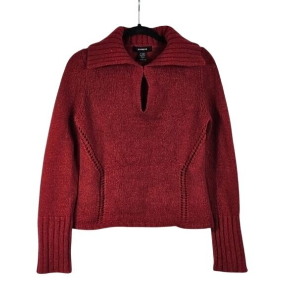 Express Merino/Angora Chunky Knit Sweater Sz L Red Ribbed Collar and Cuffs - Picture 1 of 10